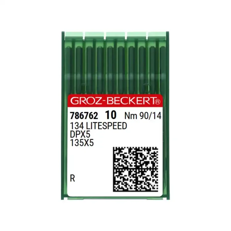 Aguja 134 Litespeed de Groz-Beckert, cabo grueso, especial para costuras de muy alta velocidades, para evitar el roce excesivo de la aguja con el material y la generación de color que puede romper los hilos