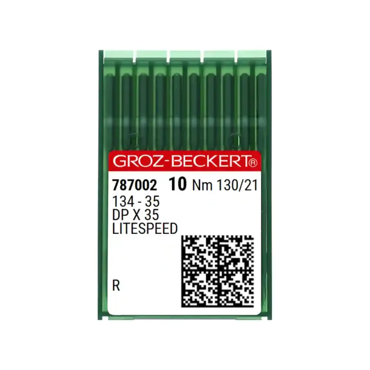 Aguja para máquinas de coser industriales (sistema 134-35 / DPx35), ideal para máquinas de triple transporte, poste y pespunte pesado. Versión LITESPEED® de Groz-Beckert, diseñada con geometría de fricción reducida para combatir el calentamiento de la aguja, proteger el hilo contra roturas por temperatura y reducir el esfuerzo mecánico de la máquina
