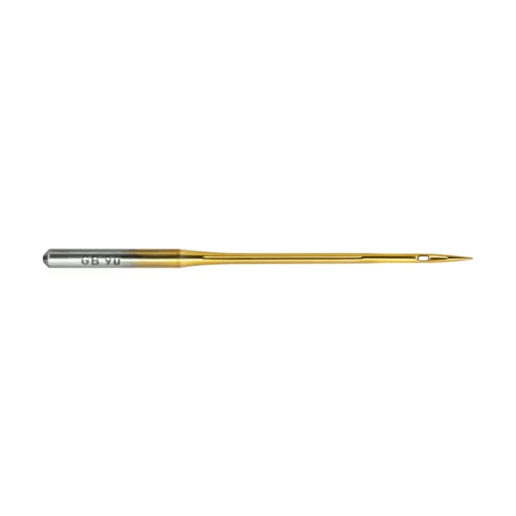 Aguja para collareleta industrial "UY 128 GAS"marca Groz-Beckert. aguja recubierta con nitruro de titanio (Gebedur™), Las agujas GEBEDUR™ de Groz-Beckert® cuentan con un revestimiento de nitruro de titanio. Este revestimiento presenta un grado de dureza mayor que el de las agujas estándar, lo que protege la zona de la punta y el ojo de los daños y el desgaste. Las ventajas son una mayor calidad de costura, una vida útil más prolongada y, por tanto, un aumento de la productividad.